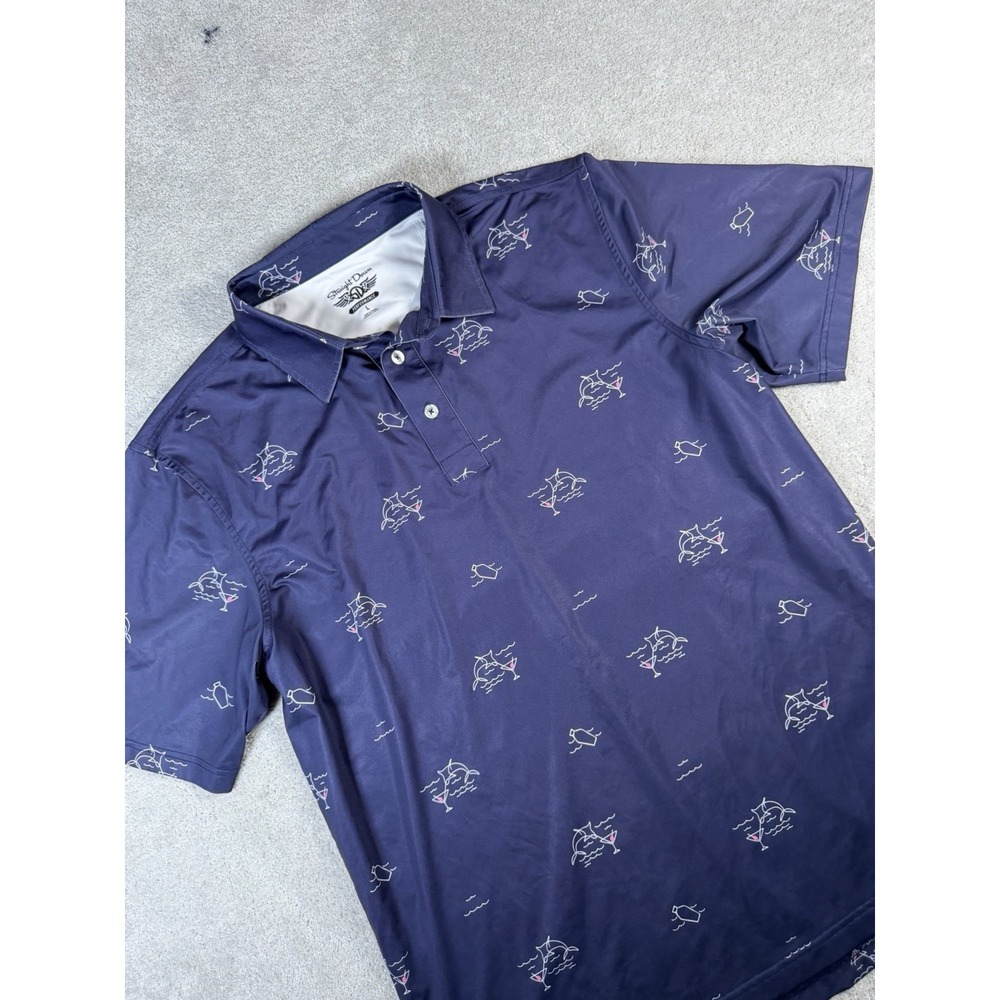 Straight Down Polo Shirt Mens L Blue Dolphin Martini Graphic Performance *logo